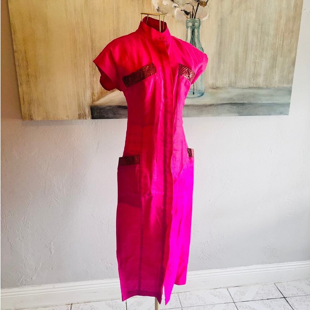 Bellissima Pink Linen Dress Snakeskin Trim Midi Size 6 Mandarin Collar